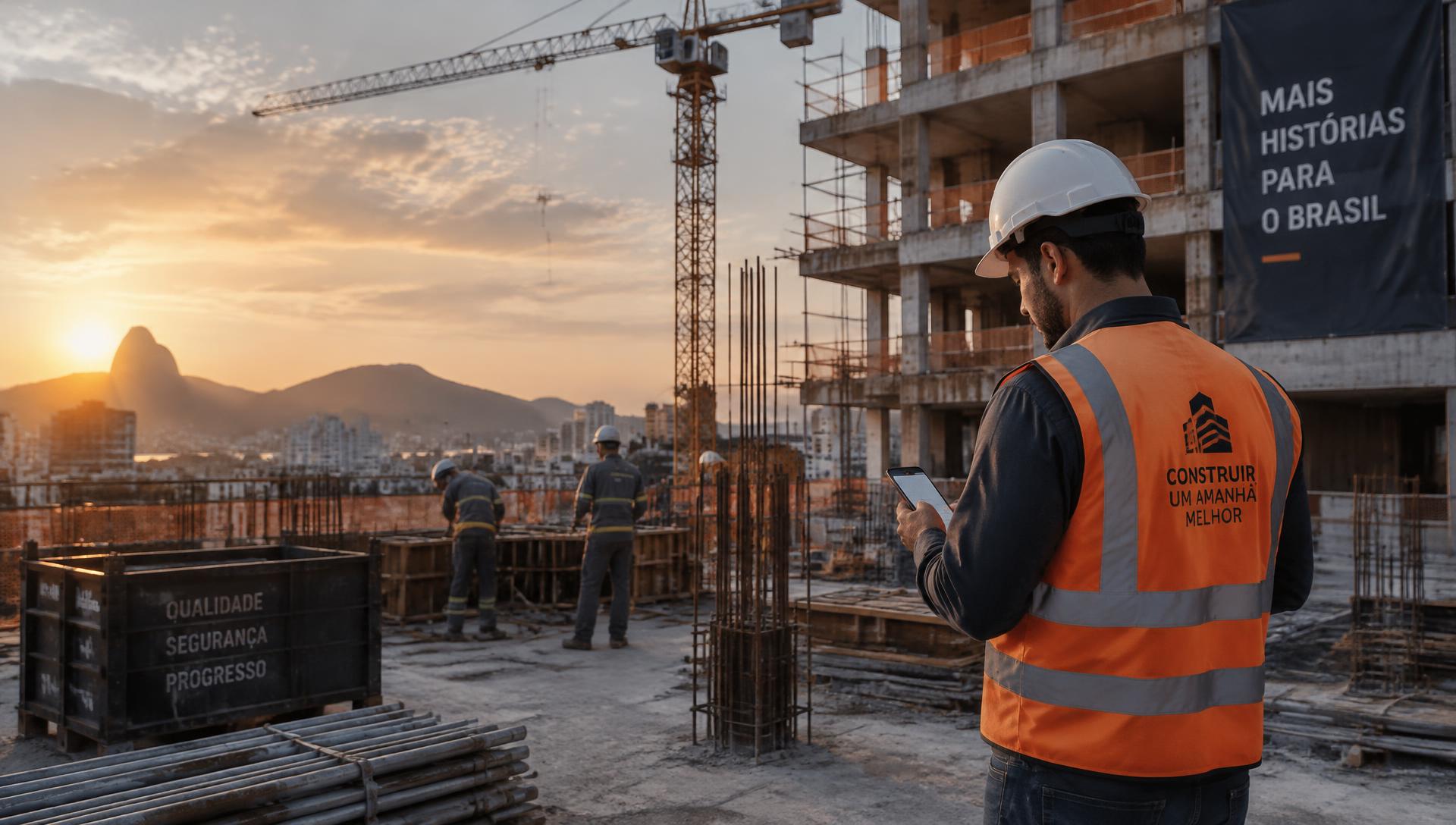 Supervisor consultando o celular em canteiro de obras